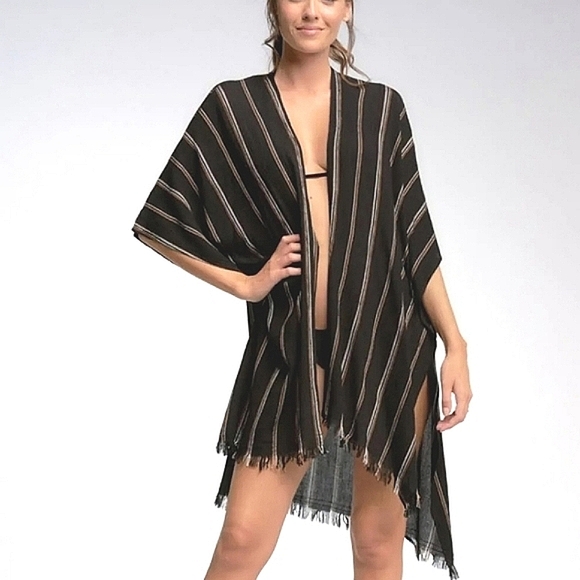 Elan Fringed Swimsuit Cover Up Striped Kimono Topper Beachy Boho Festival OS - Picture 1 of 10